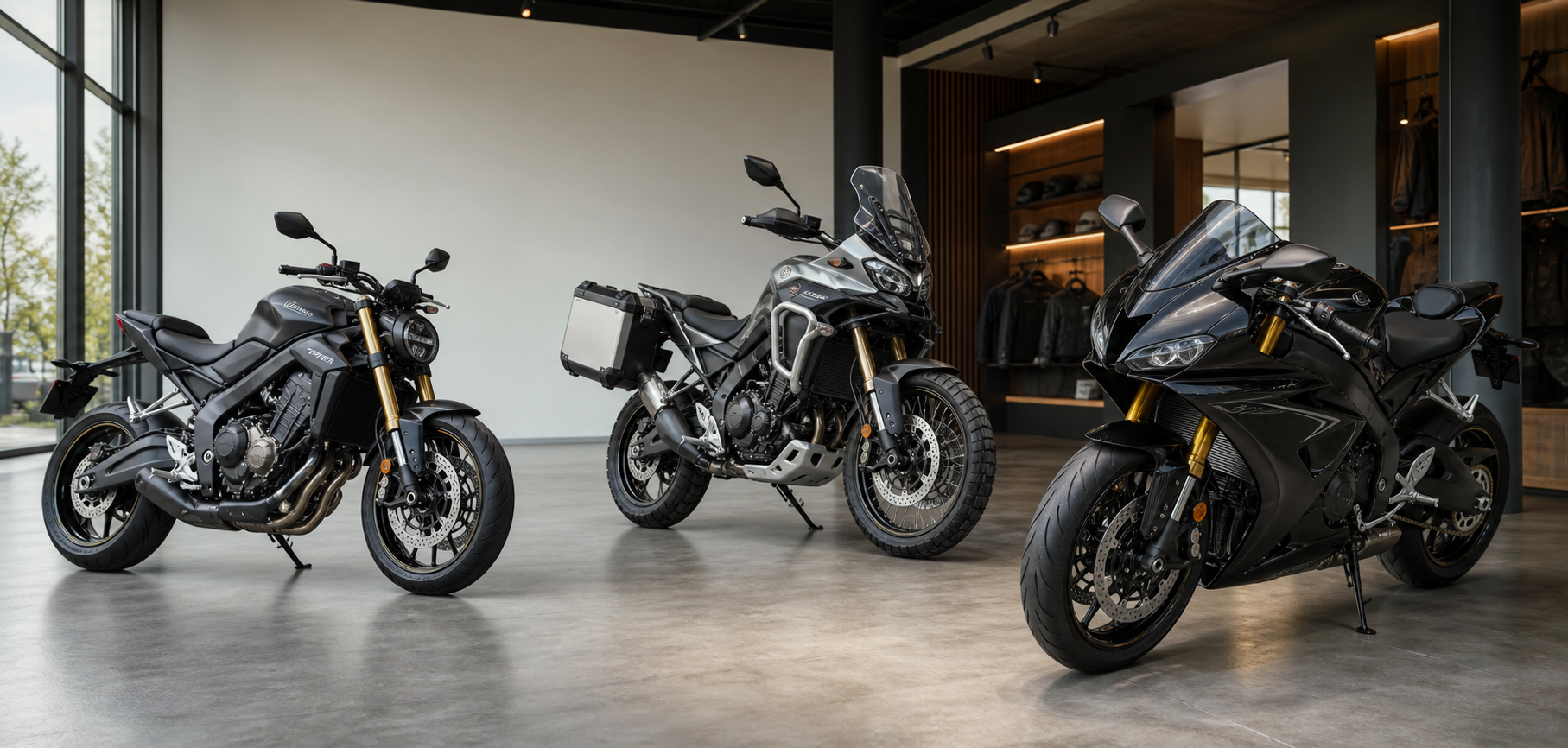 Tres motos expuestas en un showroom moderno